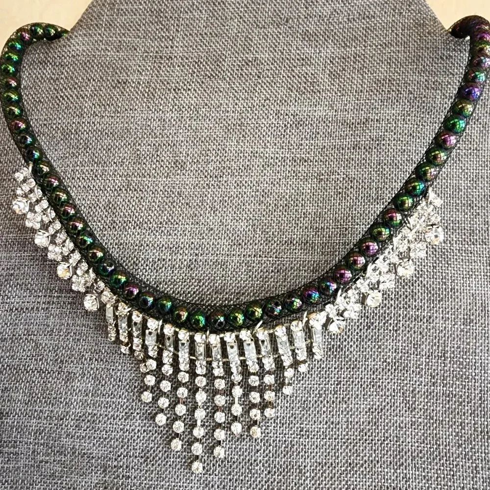 Rhinestone Cascade Fringe Black Iridescent Peacock Green Purple Bead Necklace